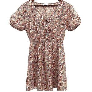 Everly ditzy floral print mini dress‎ elastic waist button front women's large